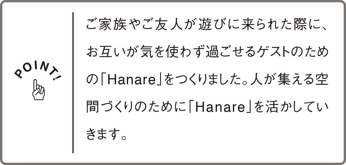 ゲストのはなれのポイント！ご家族やご友人が遊びに来られた際に、お互いが気を使わず過ごせるゲストのための「Hanare」をつくりました。人が集える空間づくりのために「Hanare」を活かしていきます。